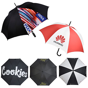 Custom branded promotional umbrellas collection, showcasing diverse logo printing and color-panel options for corporate event gifts supplied by the manufacturer.