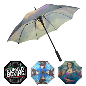 Custom branded promotional umbrellas collection, showcasing diverse logo printing and color-panel options for corporate event gifts supplied by the manufacturer.