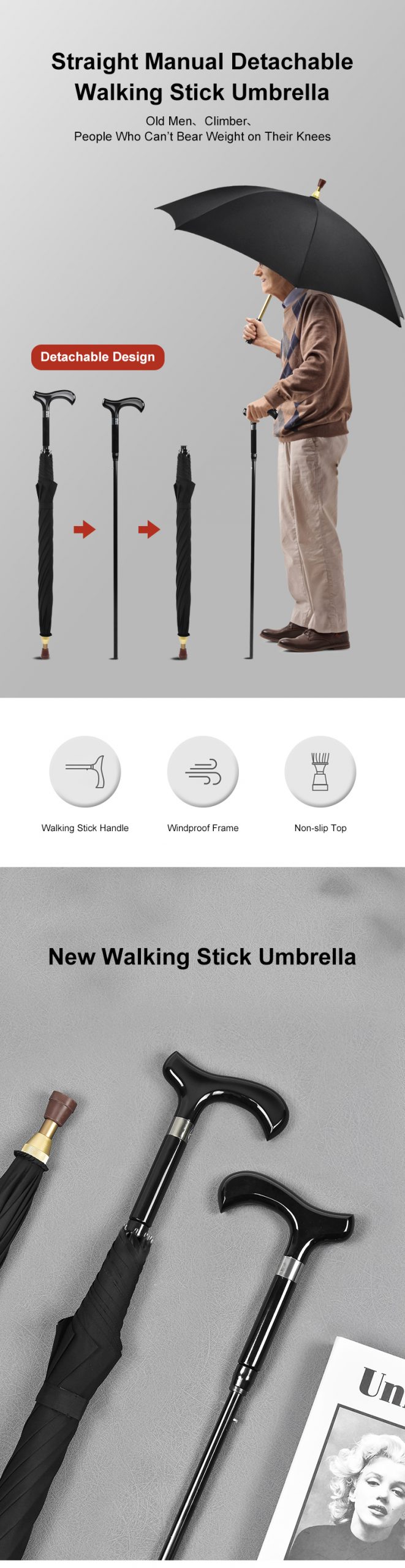 Walking Cane Umbrella 2-in-1 Windproof