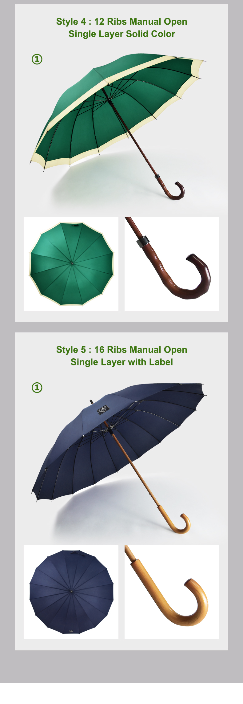Style 4: 12 Ribs Manual Open Single Layer Solid Color Style 5: 16 Ribs Manual Open Single Layer with Label