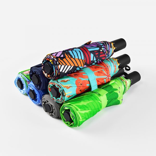 Custom printed folding umbrella collection, showcasing full-color digital sublimation print options provided by the manufacturer for branded promotional wholesale.