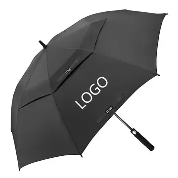 Custom double-canopy windproof golf umbrella, showcasing multi-position corporate logo printing for branded promotional umbrella wholesale by a China manufacturer.