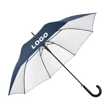 Custom branded promotional stick umbrella, showcasing two-tone panel design and corporate logo printing mockup by a China umbrella supplier.