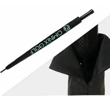 Branded black golf umbrella and closure strap detail