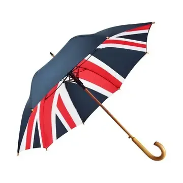 Custom Union Jack pattern stick umbrella, showcasing classic British flag design with a wooden handle supplied by a China manufacturer for promotional gift wholesale.