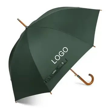 Custom premium wooden crook handle stick umbrella, showcasing multi-position corporate logo printing on a dark green canopy by a China umbrella manufacturer.