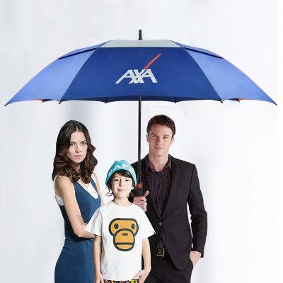 Custom large windproof golf umbrella usage showcase, featuring a branded corporate promotional umbrella for family or executive gifting by a China manufacturer.