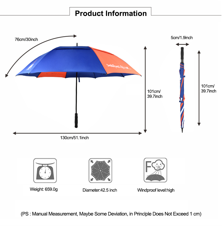 Custom large windproof golf umbrella specifications diagram, showing 30-inch double-canopy corporate gift umbrella dimensions supplied by the manufacturer.