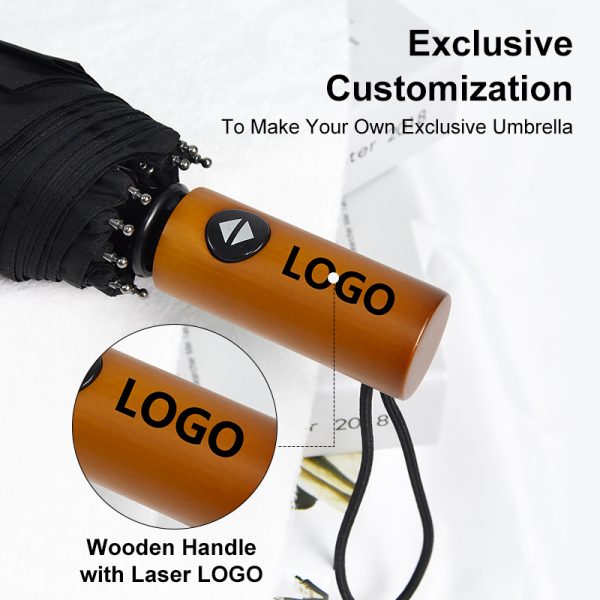 Custom wooden handle umbrella options, showcasing premium laser engraving and silk-screen logo printing services on automatic folding umbrella grips from a China manufacturer.