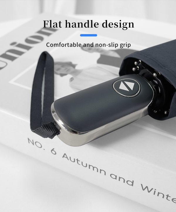 Custom automatic pocket flat umbrella handle display, showcasing sleek non-slip handle craftsmanship and premium hardware components for corporate gift wholesale.