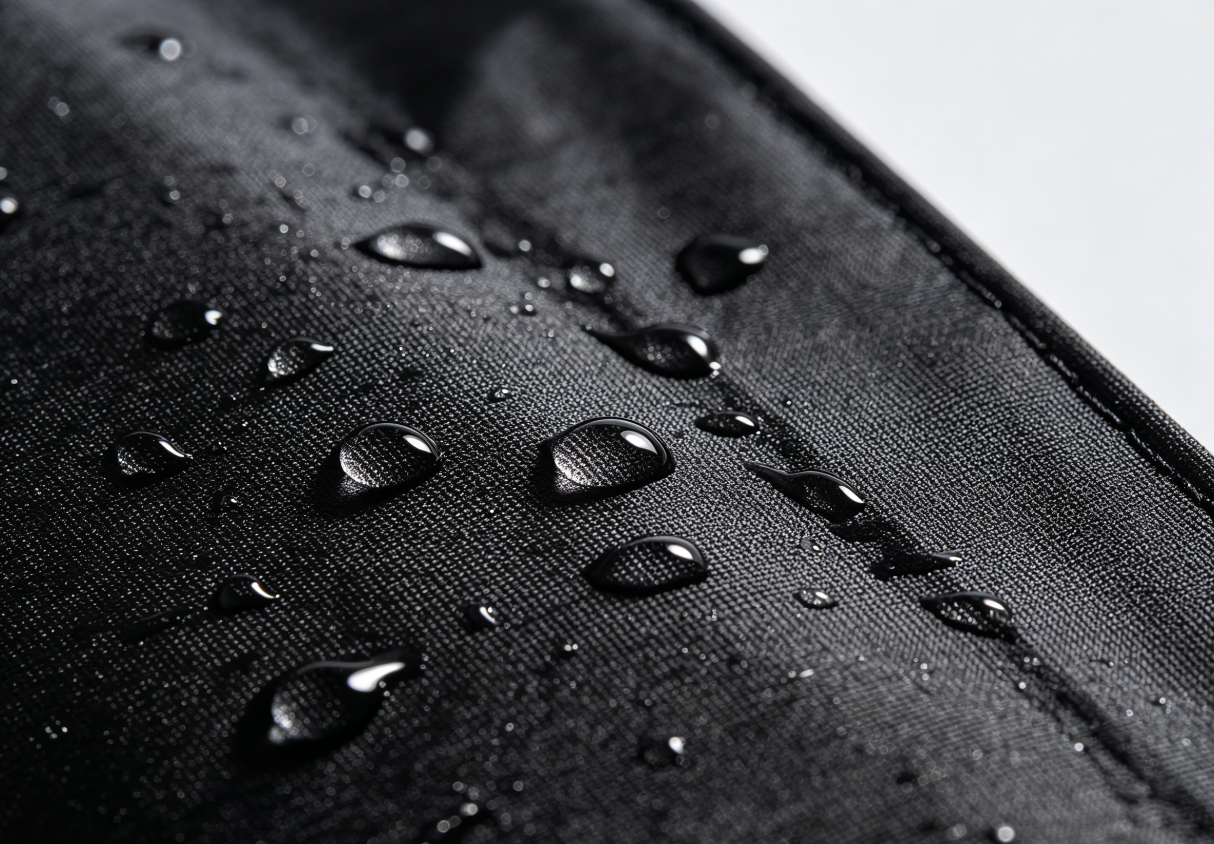 Close-up of black polyester umbrella fabric with water droplets