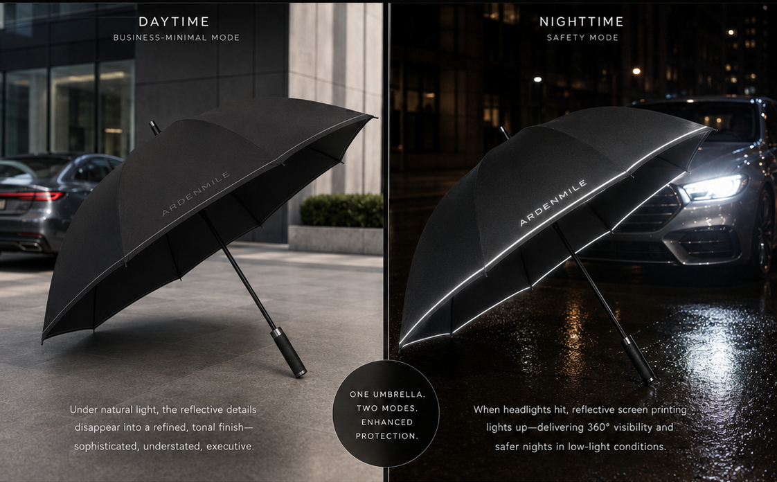 Reflective screen printing on corporate golf umbrellas for safety