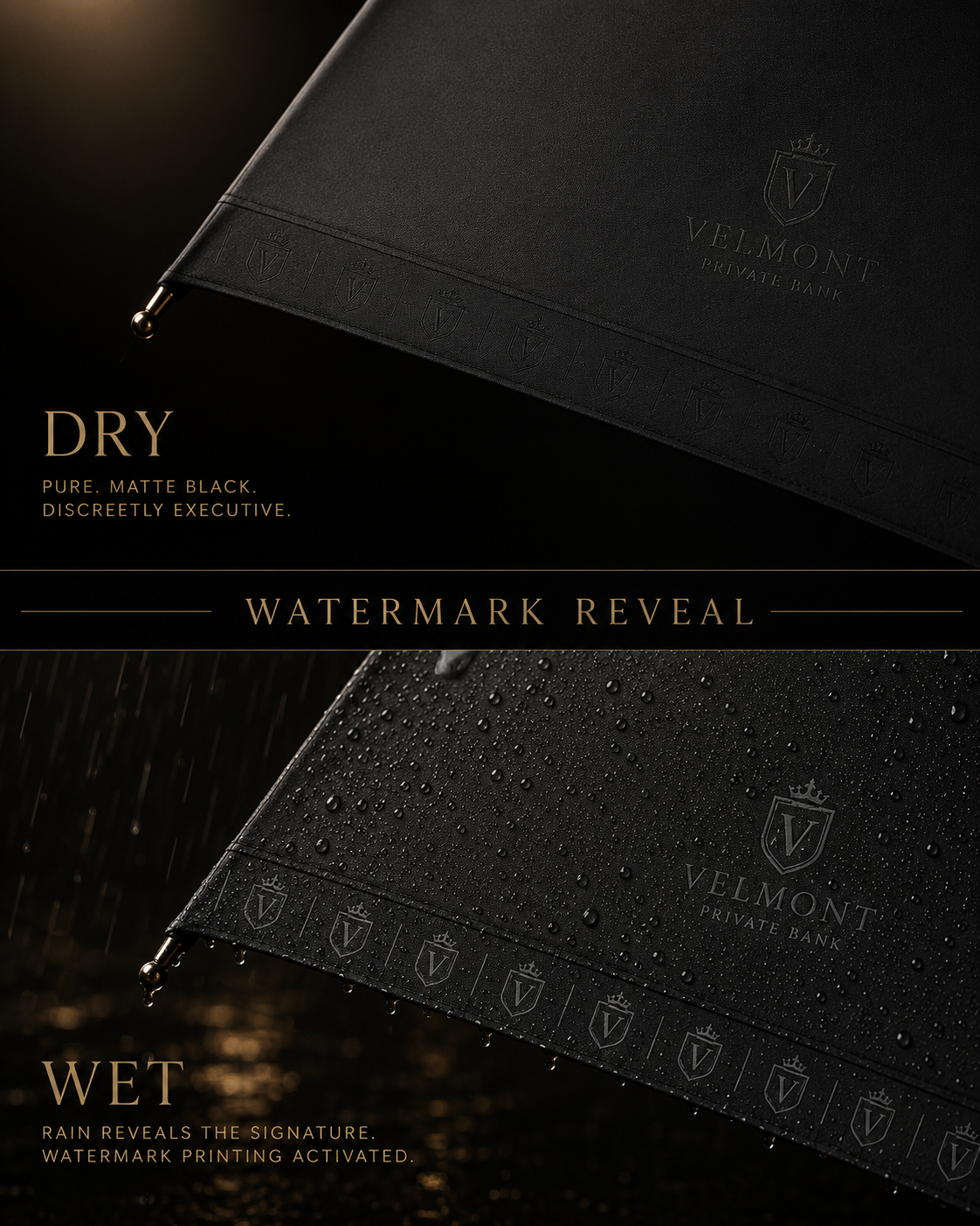 Clear gloss watermark printing on luxury corporate gift umbrellas