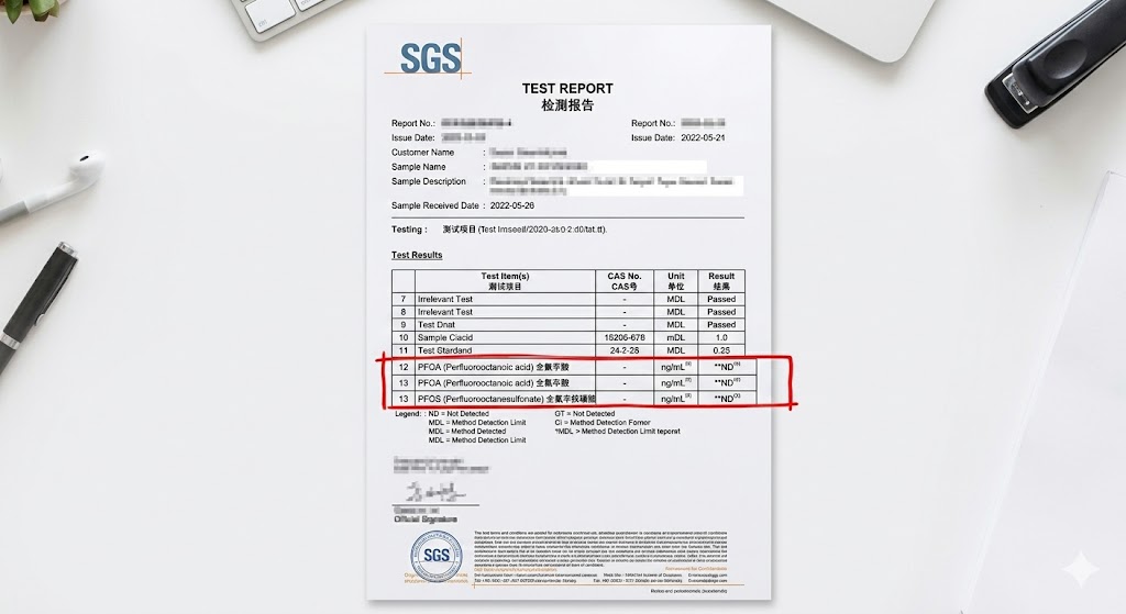 Authentic SGS testing report showing "Not Detected" for PFAS on custom umbrella fabric