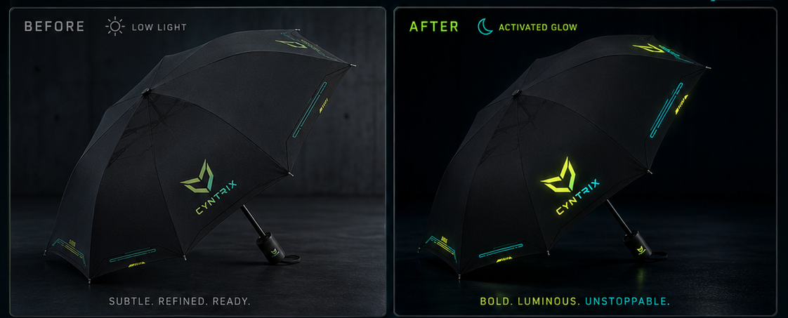 Luminous screen printing on promotional umbrellas glowing in the dark