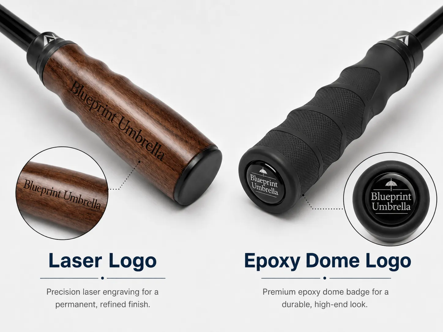 Custom umbrella handle branding options from a wholesale manufacturer, demonstrating precision laser logo engraving on wood grips and premium epoxy dome badge implementation on rubber grips for tailored corporate merchandising.