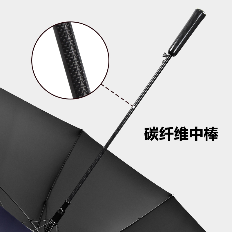 Custom carbon fiber shaft golf umbrella specifications diagram, showcasing lightweight high-strength carbon fiber skeleton for premium corporate executive gift wholesale by a China manufacturer.