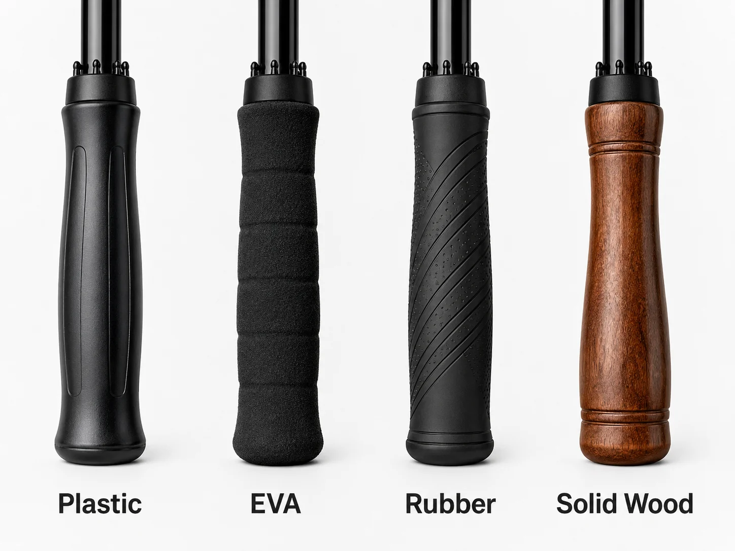 Custom umbrella handle material options from a wholesale manufacturer, displaying lightweight plastic, comfortable EVA foam, ergonomic rubber grip, and premium solid wood styles for tailored corporate gifting and promotional sourcing.