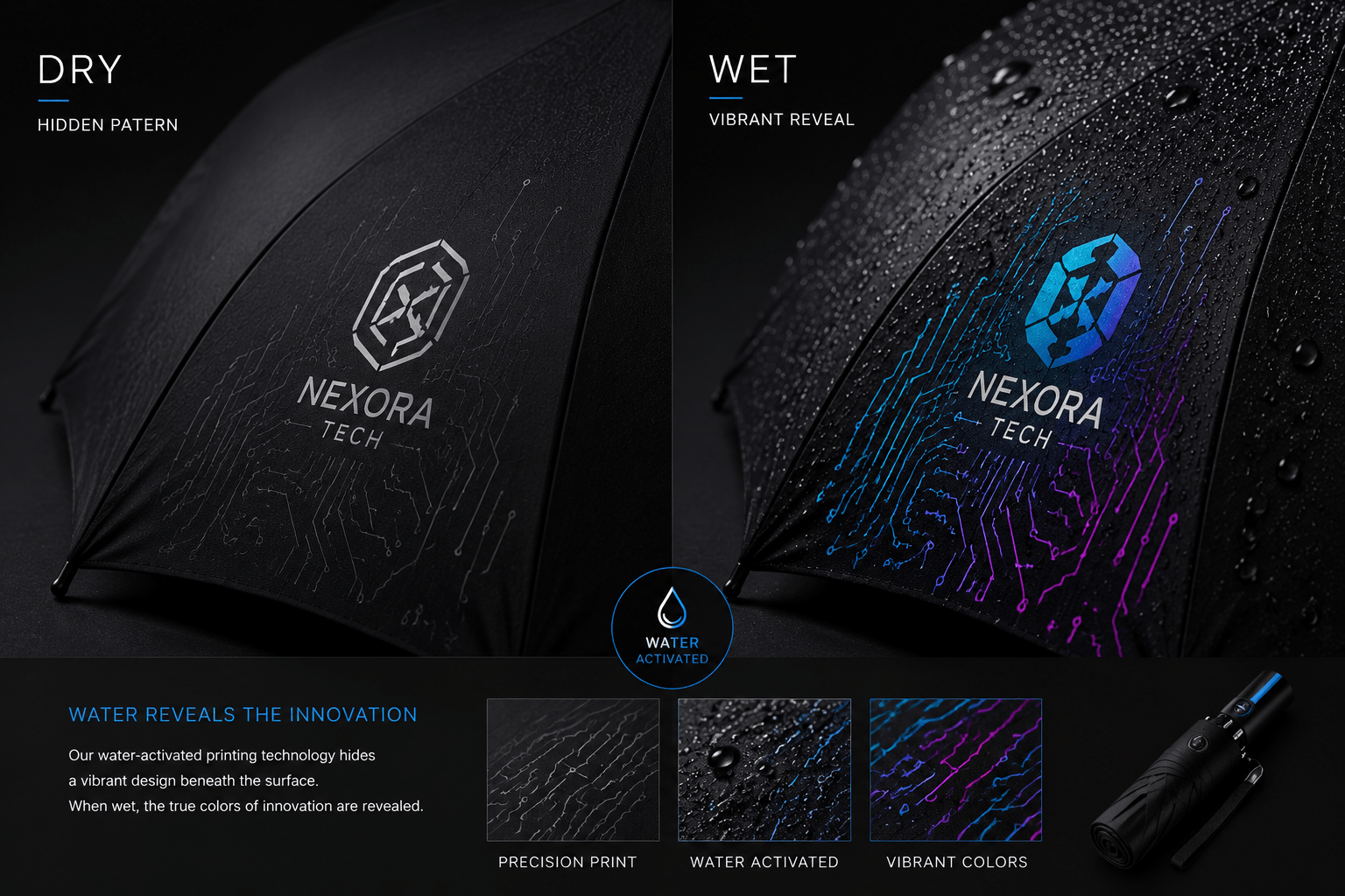 Custom tech corporate gift umbrella demonstration, showcasing specialized water-activated circuit patterns hidden under hydrochromic coating provided by the manufacturer for high-end branded promotional wholesale.