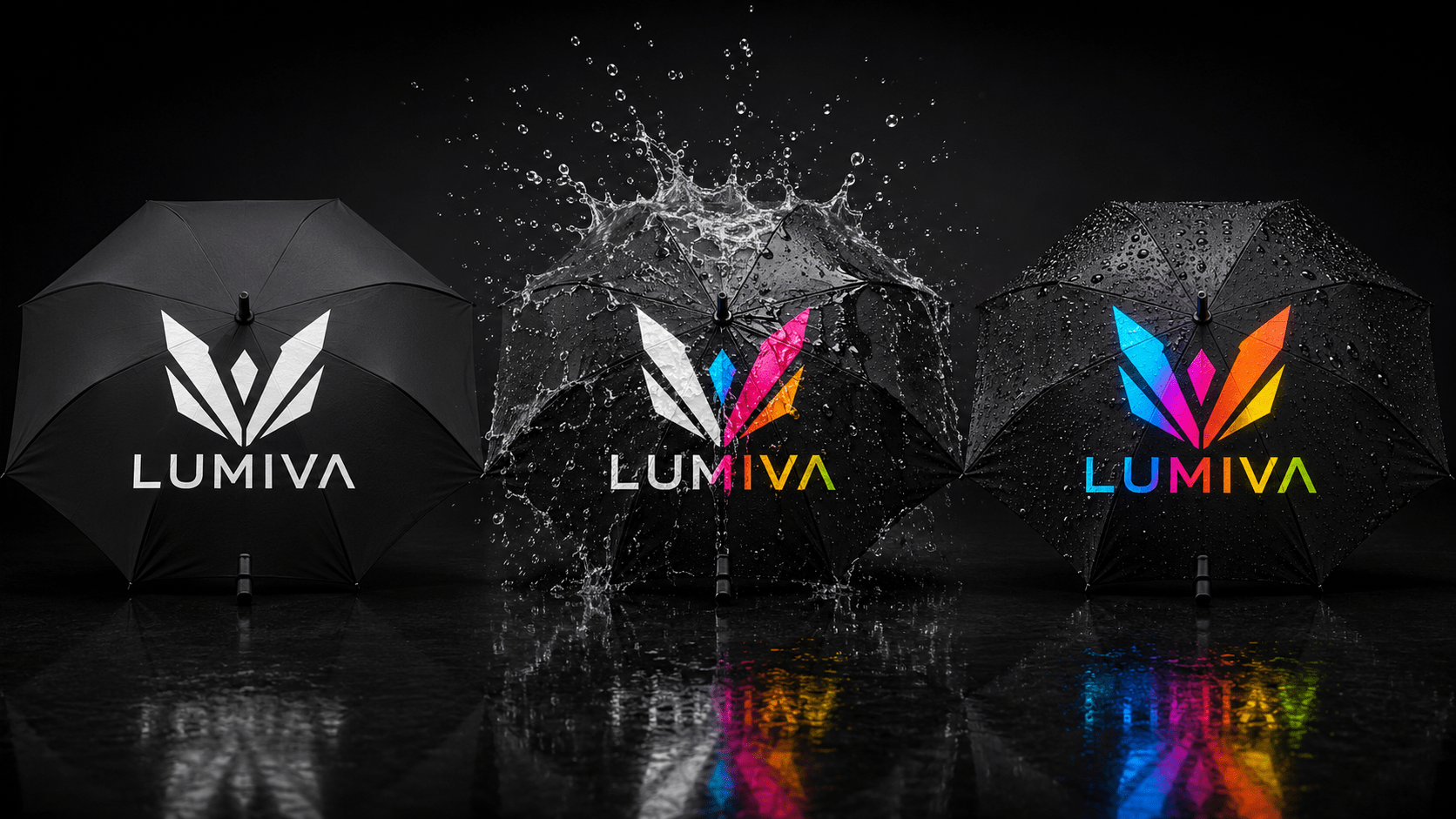 Custom hydrochromic color-changing promotional umbrella sequence, highlighting specialized water-activated color shifting tech on black umbrellas provided by the manufacturer for high-end corporate brand wholesale.