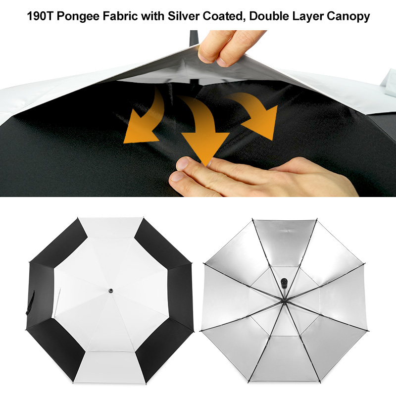 Custom double-canopy golf umbrella material specifications, showcasing 190T pongee fabric with UV-protection silver coating by a China manufacturer for wholesale.