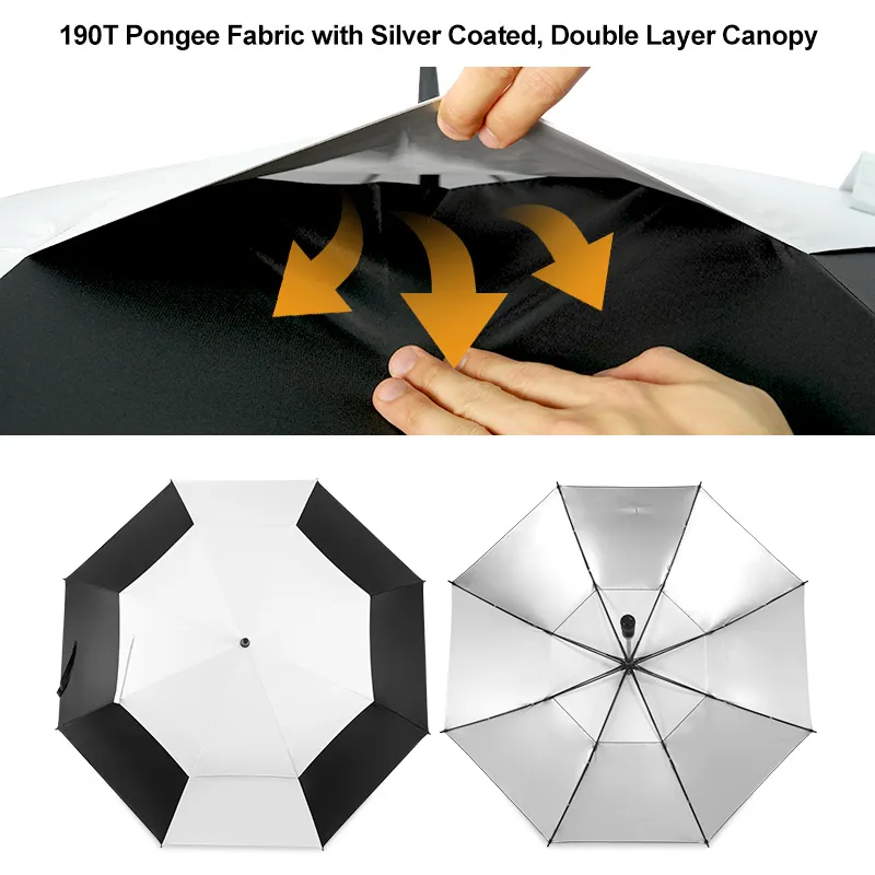 Custom double-canopy golf umbrella material specifications, showcasing 190T pongee fabric with UV-protection silver coating by a China manufacturer for wholesale.