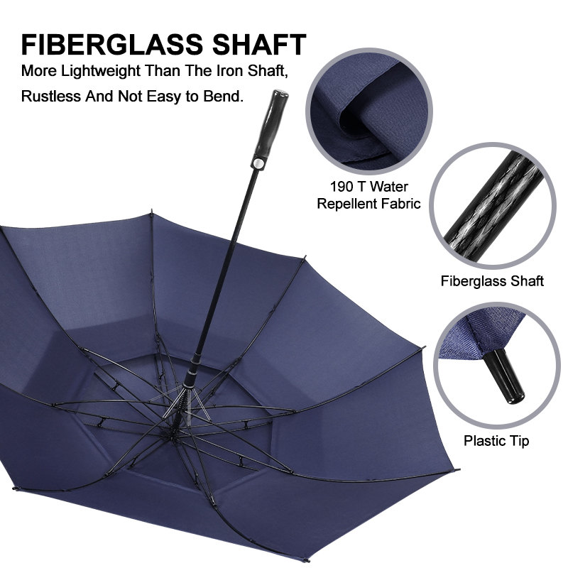 Custom fiberglass shaft golf umbrella specifications diagram, showcasing lightweight rustless shaft, 190T water-repellent fabric, and plastic components provided by a China manufacturer.