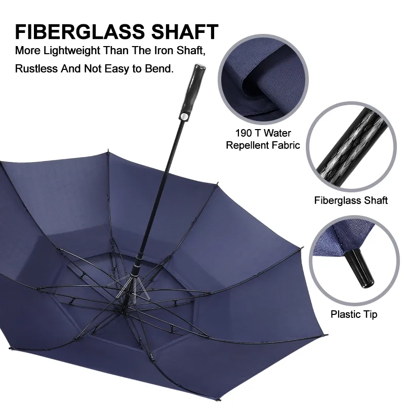 Custom fiberglass shaft golf umbrella specifications diagram, showcasing lightweight rustless shaft, 190T water-repellent fabric, and plastic components provided by a China manufacturer.
