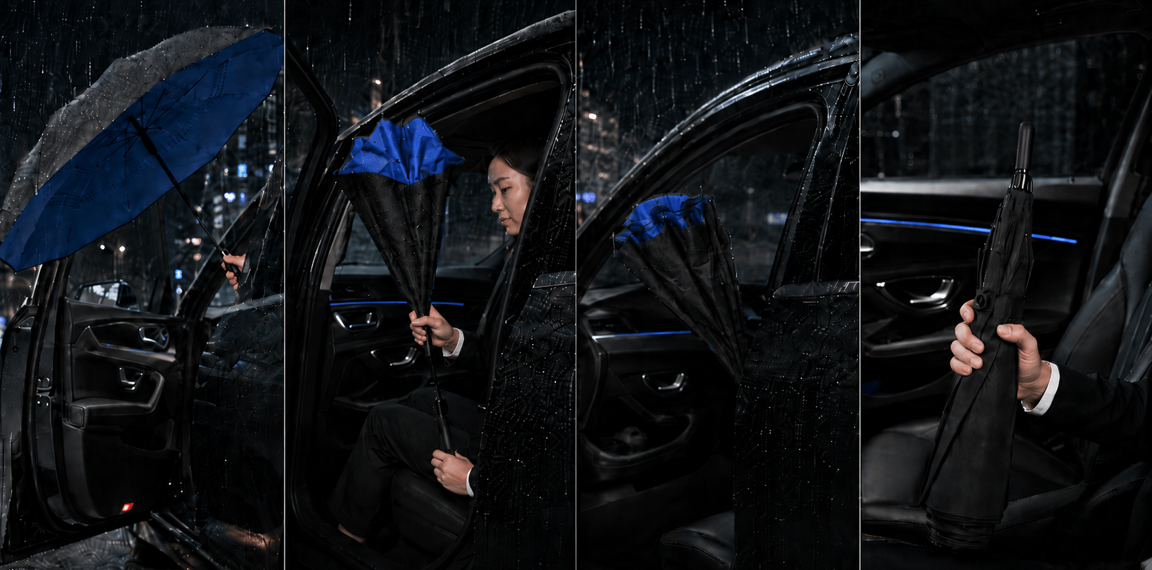 Custom reverse inverted umbrella functionality showcase for automotive use, demonstrating the drip-free mechanism of a car-friendly folding umbrella provided by the manufacturer for promotional wholesale.