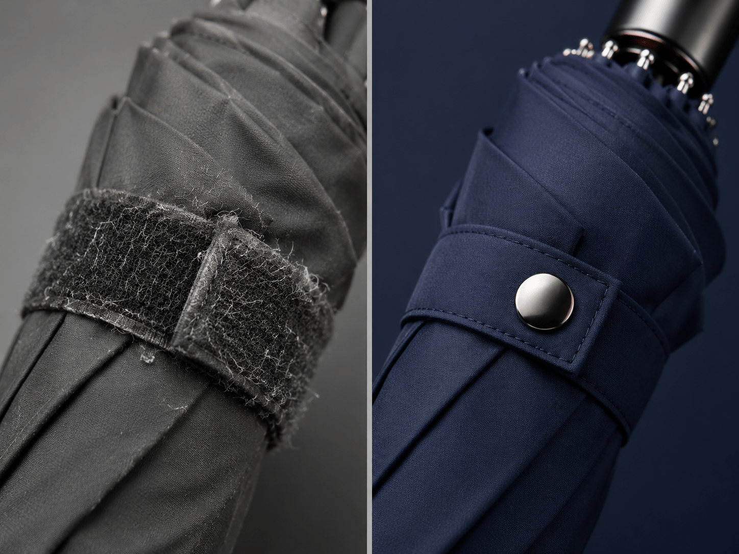 Closure component comparison for custom folding umbrellas, demonstrating the long-term durability of premium metallic snap buttons versus generic hook-and-loop closures provided by the manufacturer for high-end wholesale merchandise.