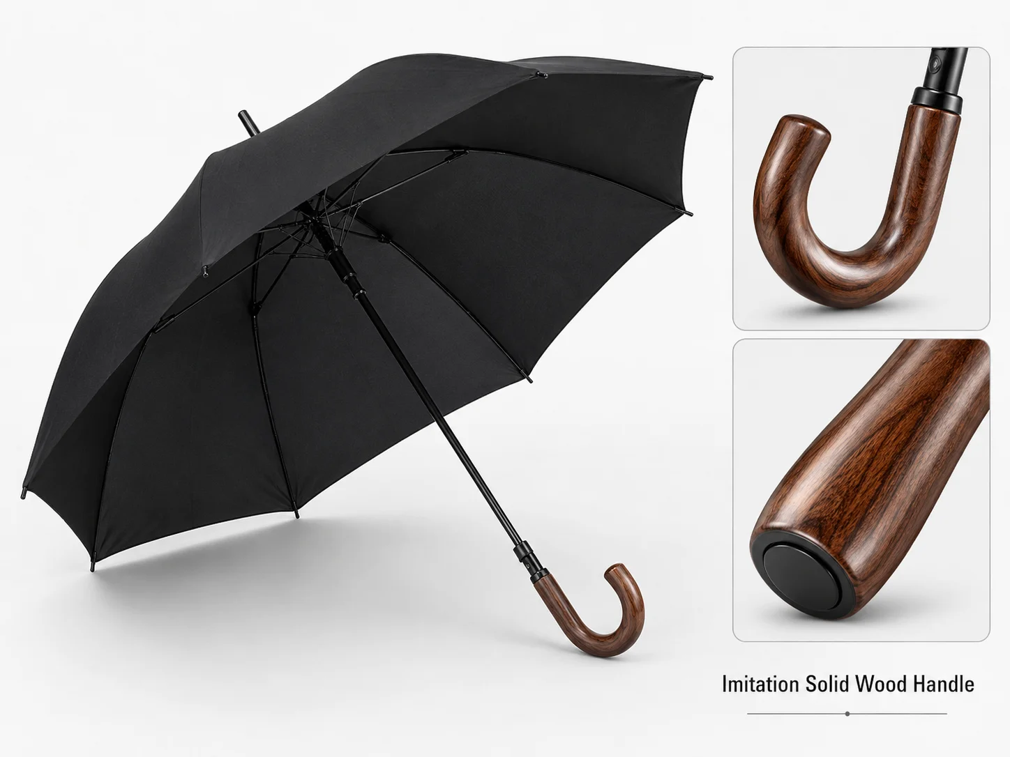 Custom automatic stick umbrella featuring an elegant imitation solid wood J-handle, showcasing close-up craftsmanship provided by the manufacturer for high-end corporate gifts, classic walking umbrellas, and promotional wholesale markets.