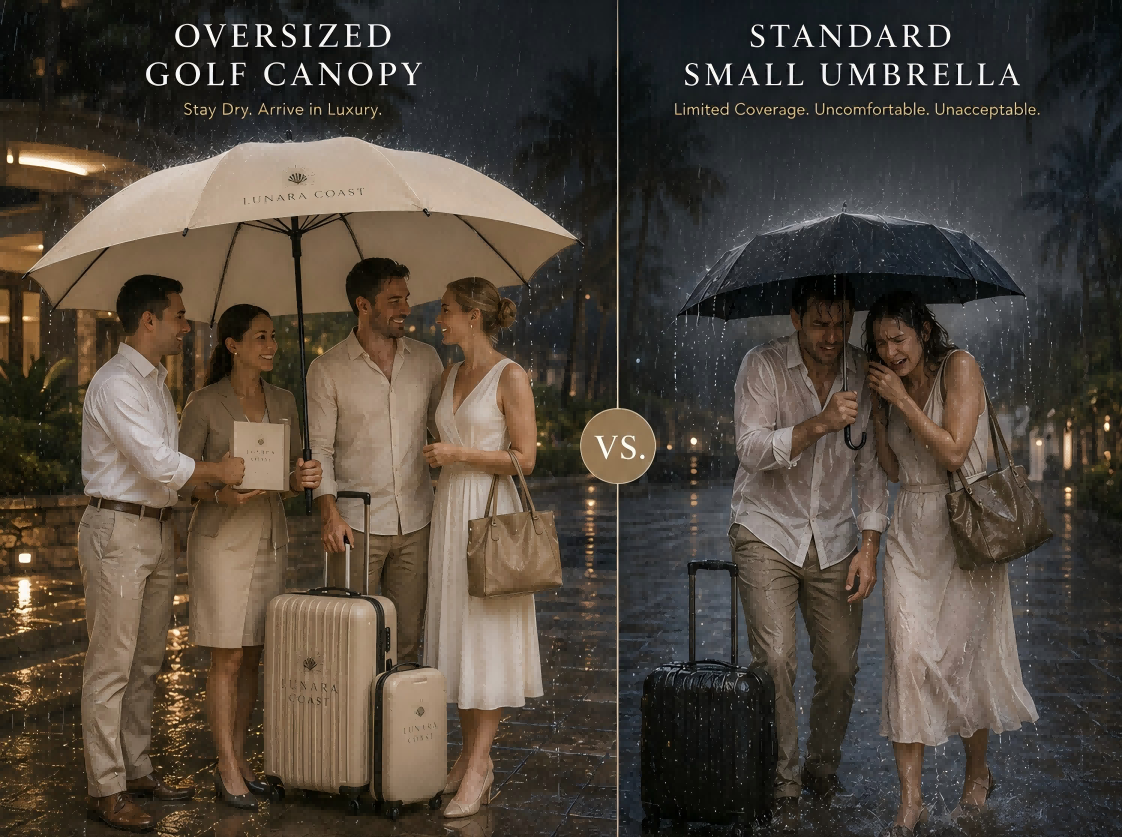 Real-world operational shot during a luxury development preview, highlighting hospitality staff using oversized golf canopies to protect a visiting client family. Suggested