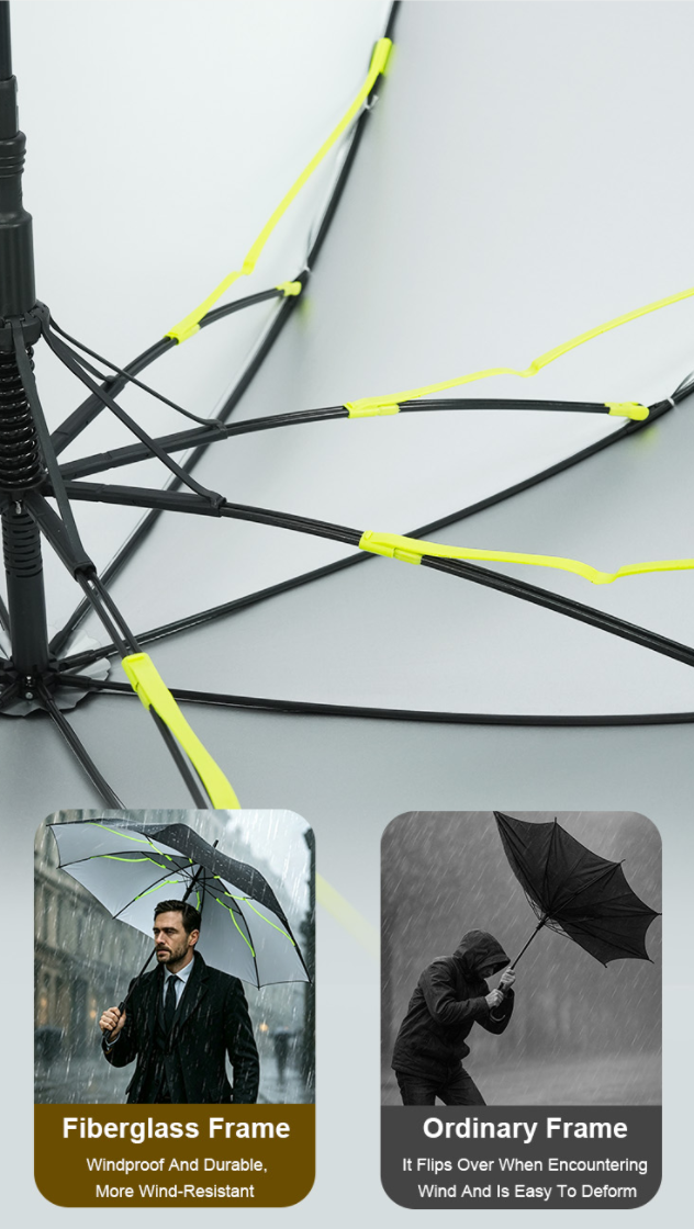 Custom windproof umbrella frame craftsmanship display, showcasing heavy-duty durable fiberglass ribs provided by a China manufacturer for corporate gift wholesale.