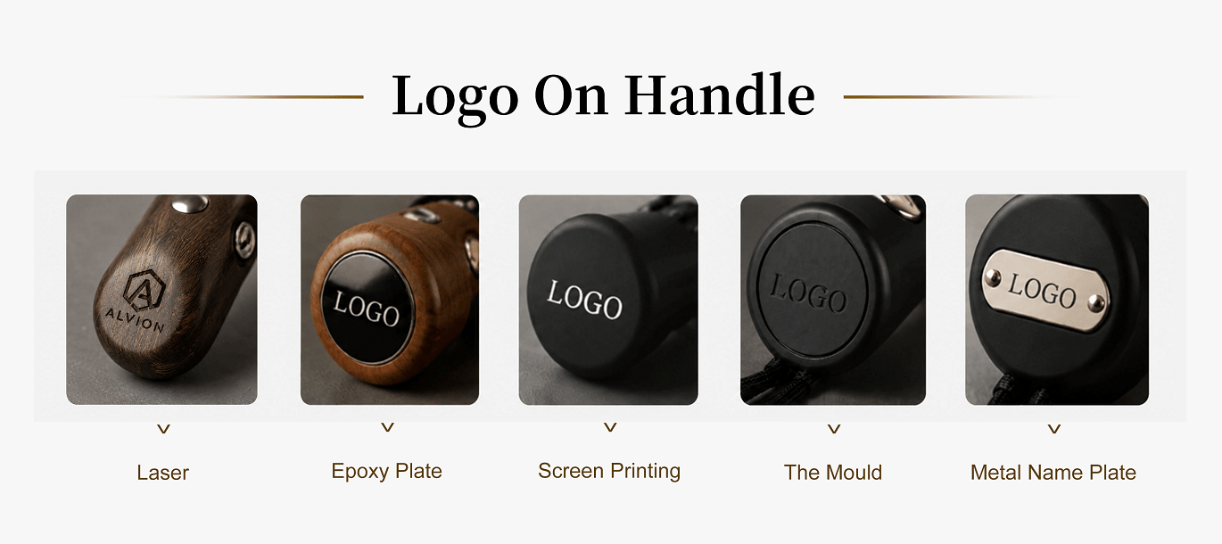 Custom umbrella handle logo placement techniques from a wholesale supplier, illustrating precision laser branding, crystal epoxy plates, silkscreen prints, custom mold debossing, and premium riveted metal nameplates for corporate merchandising projects.