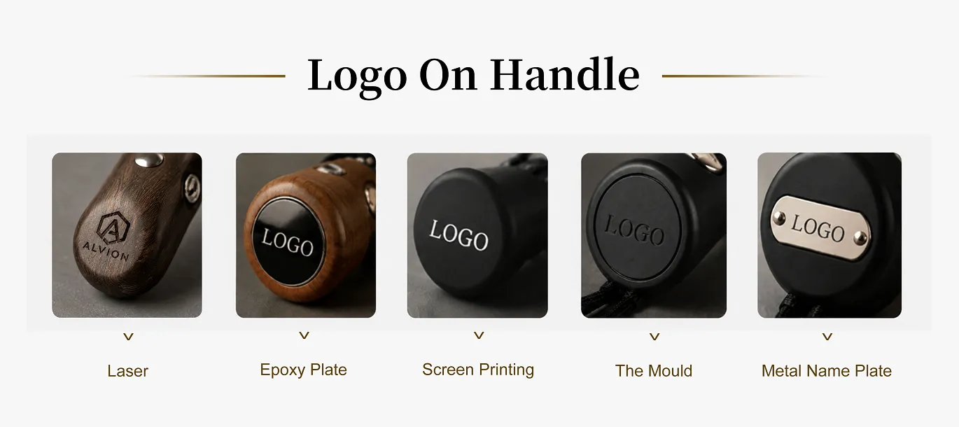 Custom umbrella handle logo placement techniques from a wholesale supplier, illustrating precision laser branding, crystal epoxy plates, silkscreen prints, custom mold debossing, and premium riveted metal nameplates for corporate merchandising projects.