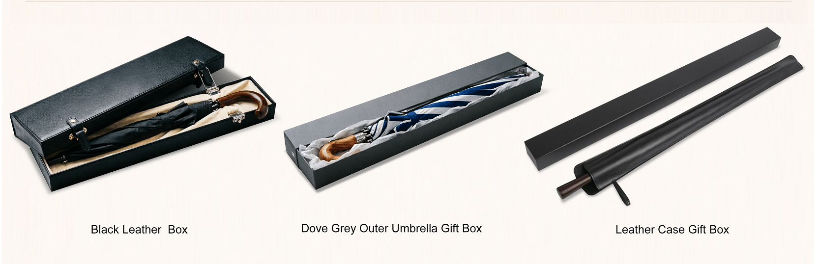 Custom luxury umbrella packaging options from a wholesale manufacturer, displaying premium leather boxes, elegant paper presentation gift cases, and protective leather sleeves for high-end corporate incentive programs and luxury branded merchandise retail.