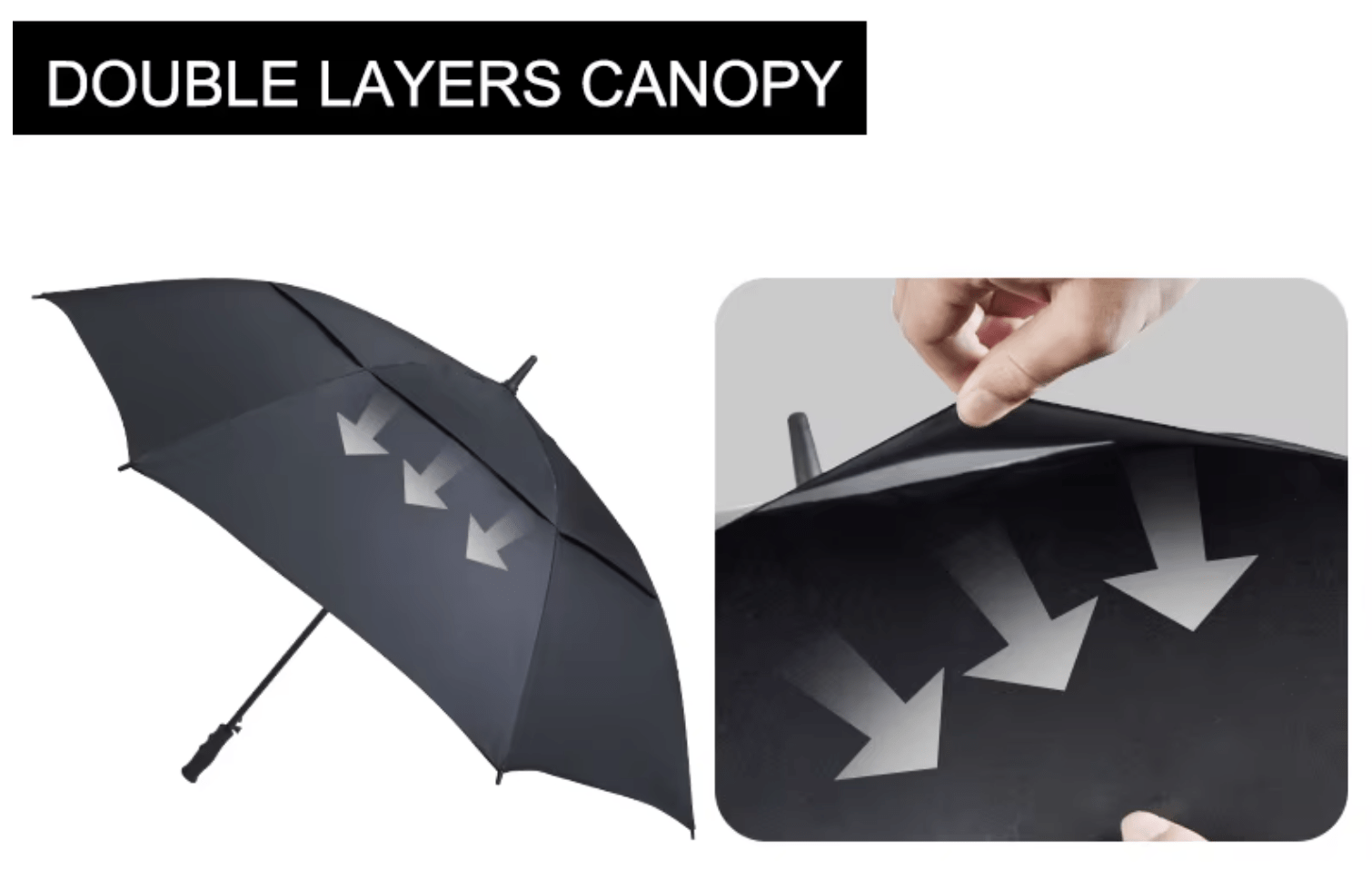 Custom windproof double-canopy umbrella structural design, highlighting overlapping ventilation system and smooth airflow path provided by the manufacturer for sports promotional gift wholesale.