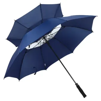 Custom dark blue large golf umbrella, showcasing double-canopy windproof construction for promotional corporate gift wholesale by a China manufacturer.