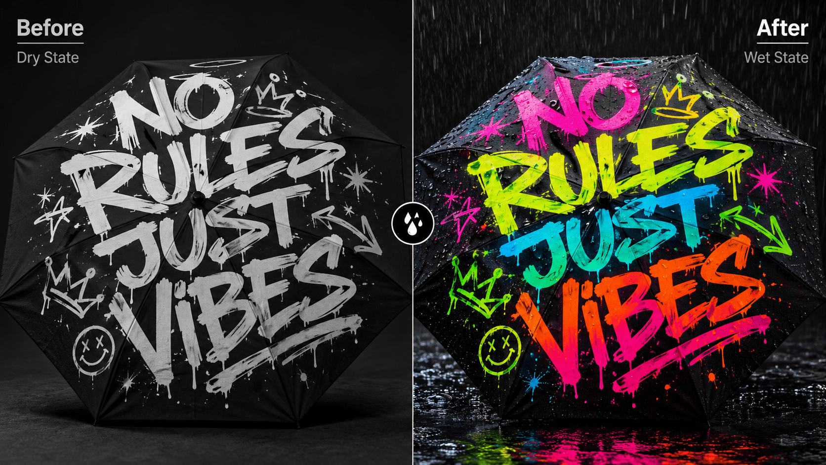 Custom color-changing graffiti umbrella demonstration, showcasing high-resolution hydrochromic sublimation printing provided by the manufacturer for trendy streetwear promotional merchandise and wholesale gifts.