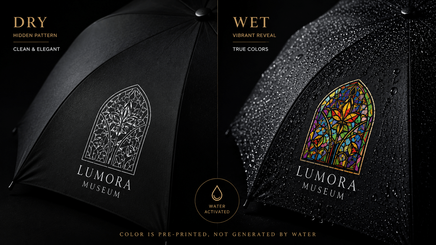 Custom hydrochromic museum souvenir umbrella demonstration, highlighting full-color pre-printed artwork hidden under water-activated masking ink provided by the manufacturer for high-end branded promotional wholesale.