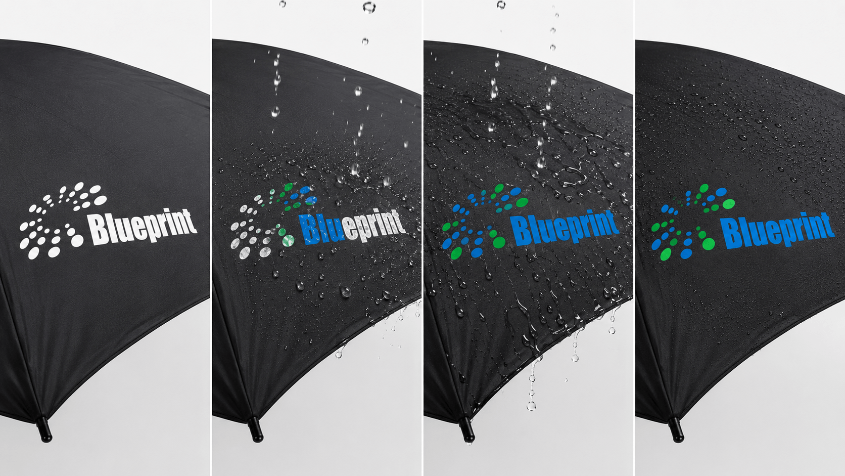 Custom water color-changing promotional umbrella demonstration, featuring sequential shots of a hydrochromic logo transition on a black canopy provided by the manufacturer for branded novelty wholesale.
