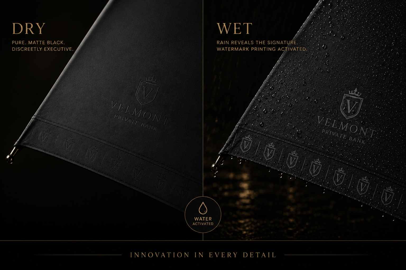 Custom high-end promotional umbrella for corporate financial institutions, showcasing sophisticated watermark printing tech activated by rain, provided by the manufacturer for luxury executive gift wholesale.