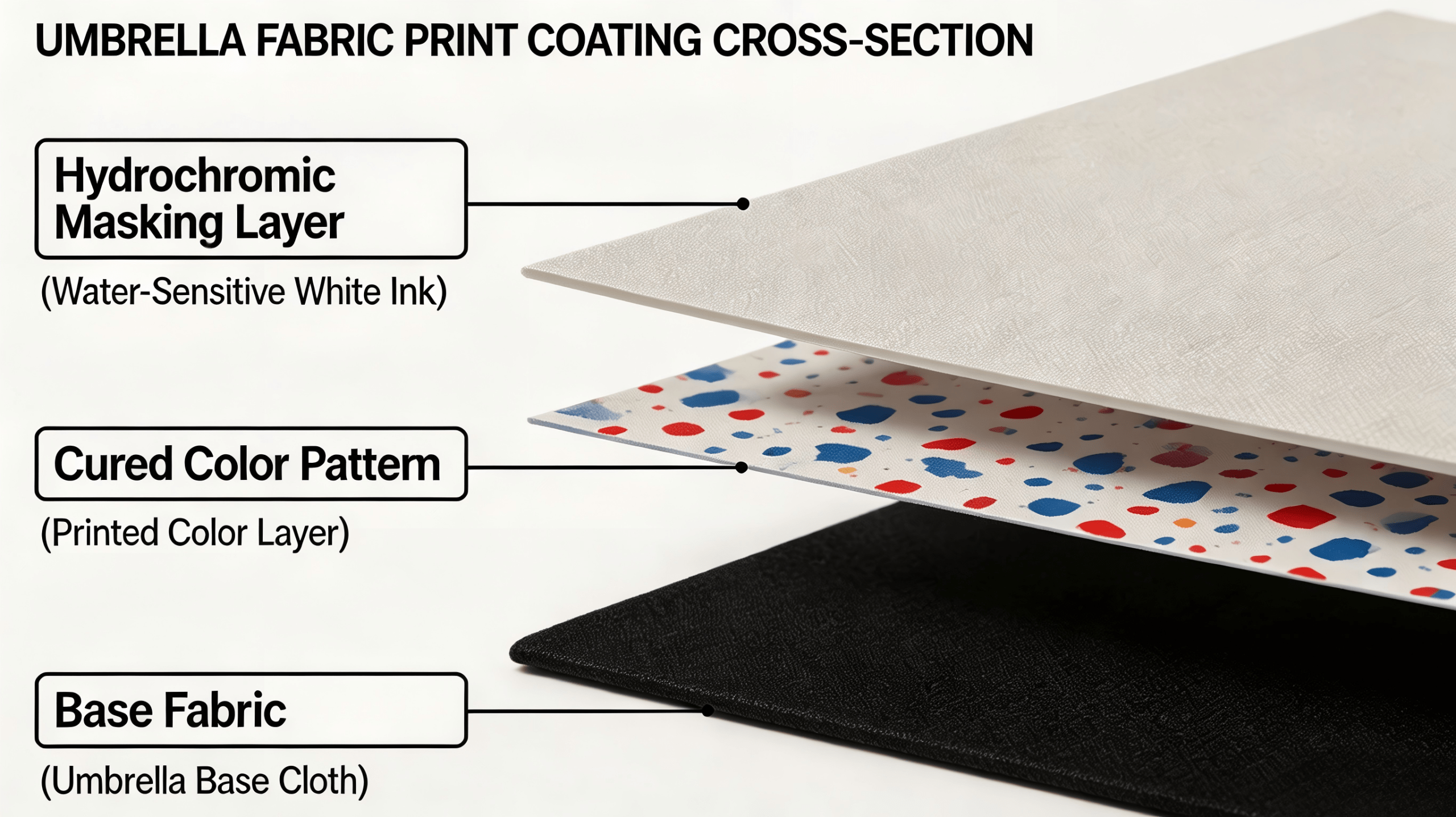 Custom water color-changing umbrella material specifications, showcasing the multi-layer hydrochromic white ink printing technology provided by the manufacturer for promotional novelty umbrella wholesale.
