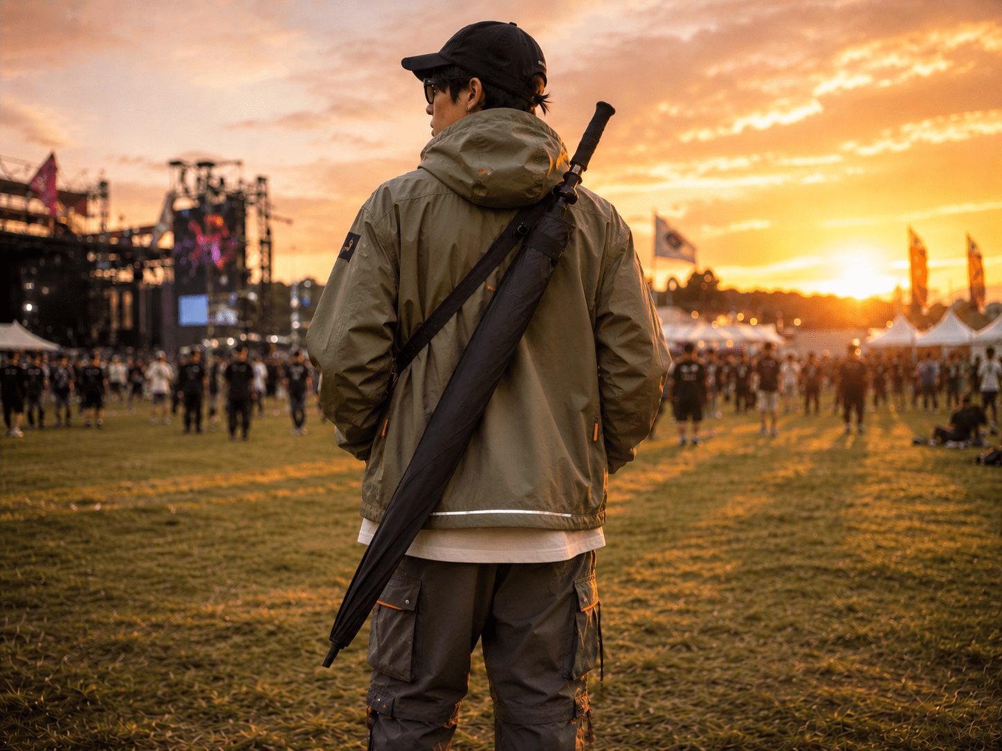 Custom tactical outdoor umbrellas for youth lifestyle branding, showcasing a durable shoulder-strap stick umbrella option provided by the manufacturer for music festivals, lifestyle apparel merchandising, and promotional sports retail wholesale.