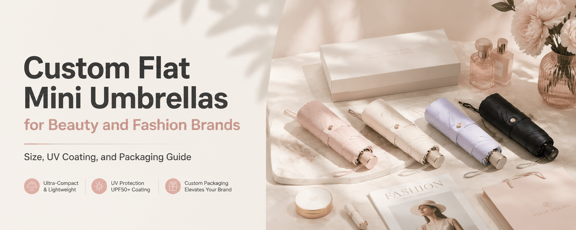 Custom Flat Mini Umbrellas for Beauty and Fashion Brands: Size, UV Coating, and Packaging Guide