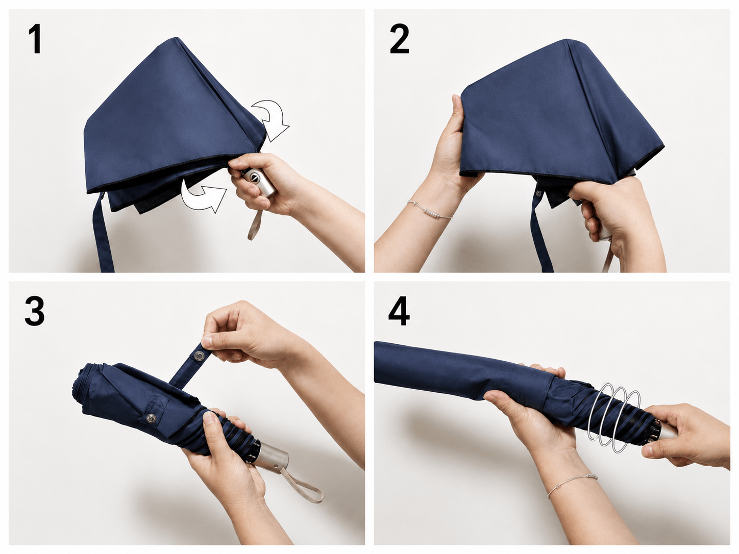 Step-by-step user guide for custom automatic folding travel umbrellas, illustrating neat panel wrapping and sleeve storage provided by the umbrella manufacturer for volume promotional wholesale.