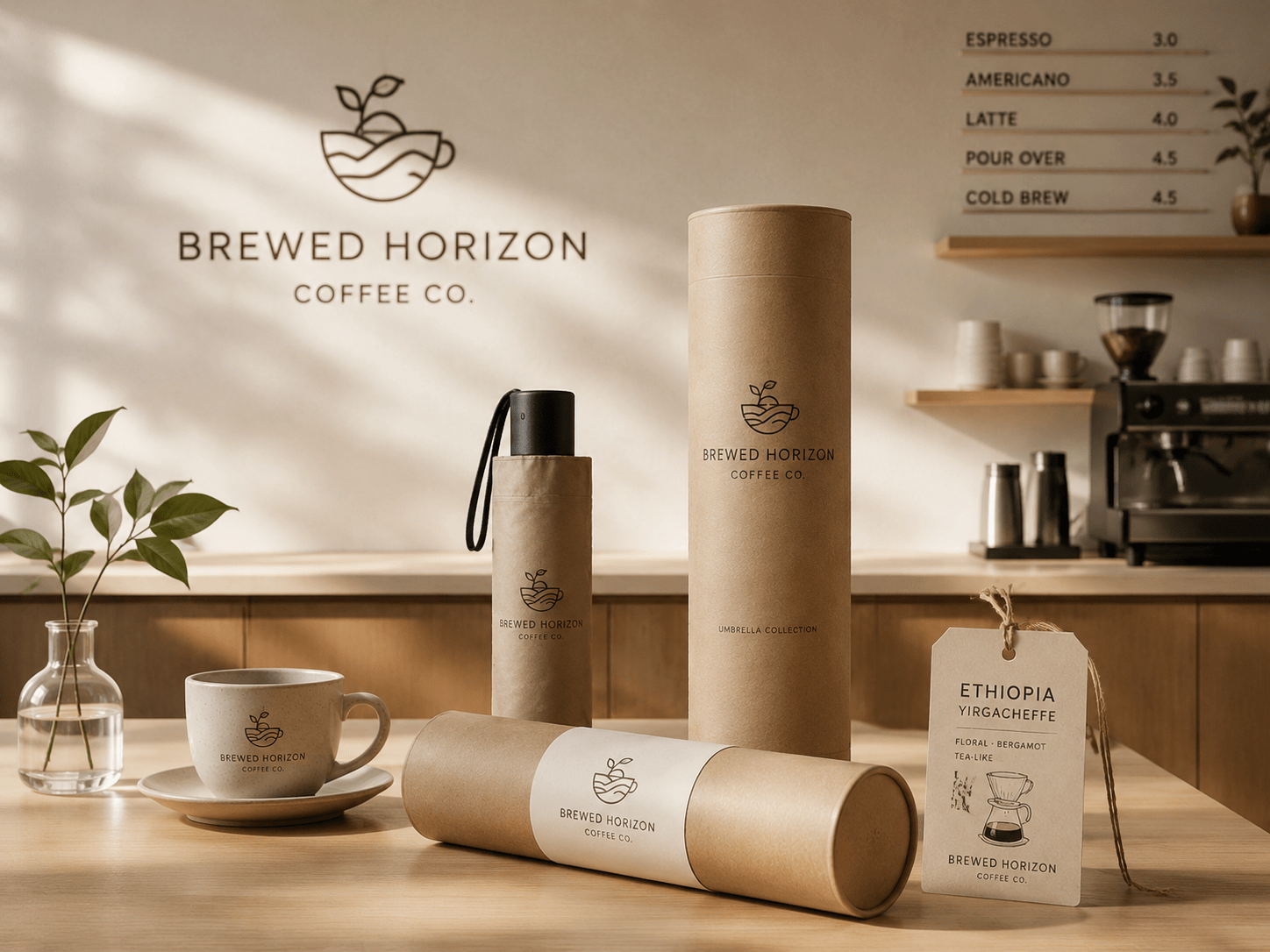 Custom corporate gift umbrellas with sustainable eco-friendly packaging for cafes and lifestyle brands, showcasing customized silk-screen logo printing, biodegradable paper canisters, and rustic retail merchandise tags provided by the manufacturer for volume promotional wholesale.
