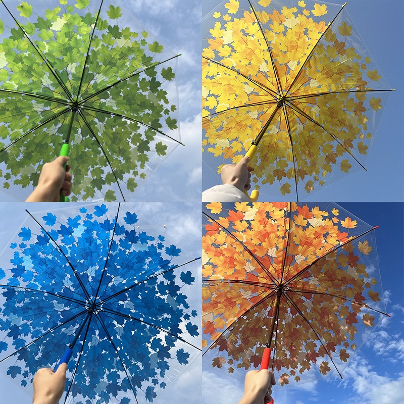 Custom printed clear stick umbrellas for tourism and retail merchandising, showcasing durable transparent dome umbrellas with vibrant full-bleed maple leaf patterns provided by the manufacturer for high-volume promotional wholesale.