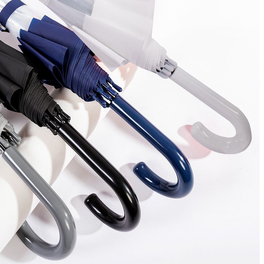 Custom classic J-handle stick umbrellas for premium branding programs, showcasing sleek curved plastic handles provided by the manufacturer for high-volume business promotional gifts and wholesale hospitality distributions.