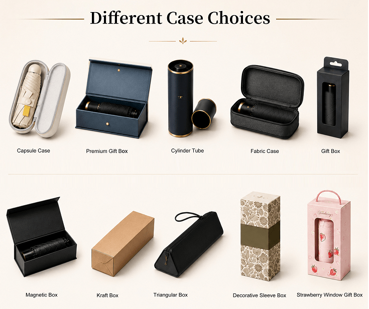 Custom umbrella packaging solutions from a promotional merchandise manufacturer, presenting 10 distinct case styles including hard capsule shells, luxury magnetic gift boxes, eco-friendly kraft paper tubes, and retail windowed display boxes for volume wholesale orders.